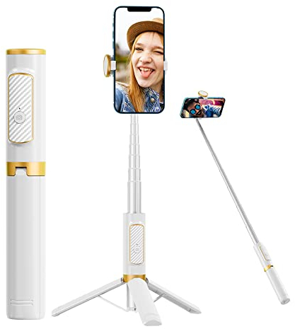 COLOR LIZARD Selfie-Stick-Stativ, Handy-Stativ mit Fernbedienung, 3-in-1 kabelloses Handy-Stativ für Selfie/Videoaufnahmen/Foto/Vlog, tragbarer Reise-Selfie-Stick für iPhone Android (Goldweiß)