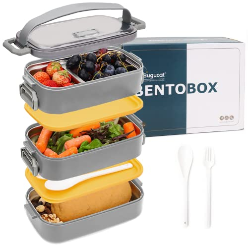 Bugucat Lunchbox Edelstahl 1700ML,Bento Box Brotdose Auslaufsicher Luftdichte Brotzeitbox mit Fächern und Besteckset,Frühstücksbox Jausenbox für Unterwegs,Brotbüchse Vesperdose für Erwachsene grau