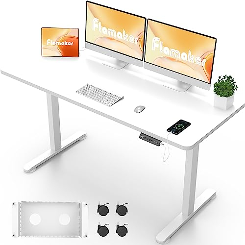 Flamaker Electric Standing Desk ONE PIECE Height Adjustable 73-118cm Heavy-Duty Steel Frame 60kg Weight Capacity Smart Pannel with Anti-Collision Sedentary Reminders USB Port Charging,140x60cm,White