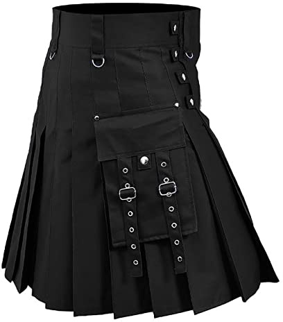 Kilt Uomo Scozzese Medievale Gonna a Pieghe - Giunta Classica a Quadretti Corta Steampunk, B Nero, L
