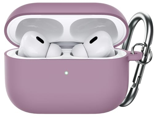 JETech Aufgerüstet Silikon Hülle für AirPods Pro (2./1. Generation 2023/2022/2019) mit Schlüsselanhänger, Hart PC Innenleben, Stoßfeste Schutzhülle, Front LED Sichtbar (Grau Lila)