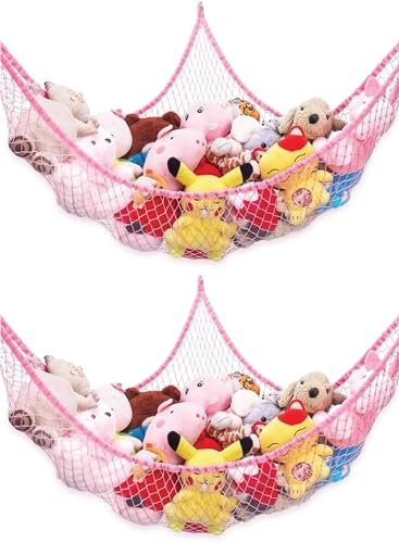 Red Teddy Hammock - Rip-Resistant Stuffed Toys Organizer Teddy Storage Mesh Net with Anchors and Hooks - Nursery Storage Toy Hammock for Stuffed Animals (Red, 2 Pack)