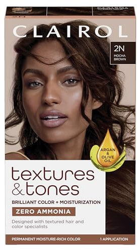 Clairol Textures & Tones Permanent Hair Dye, 2N Mocha Brown Hair Color| Ammonia Free | Moisture-Rich Formula with Argan, and Olive Oil for Brilliant Shine | Pack of 1