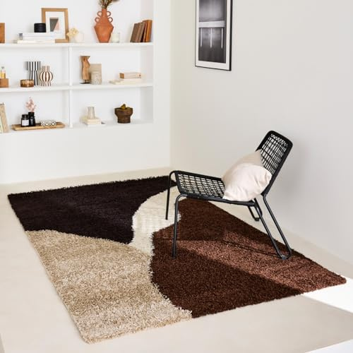 Nazar Moderner Shaggy-Teppich, Creme, Braun, Langflor, geometrisches Muster, Wohnzimmerteppich, Bogen (1060 Braun, 80 x 140 cm)