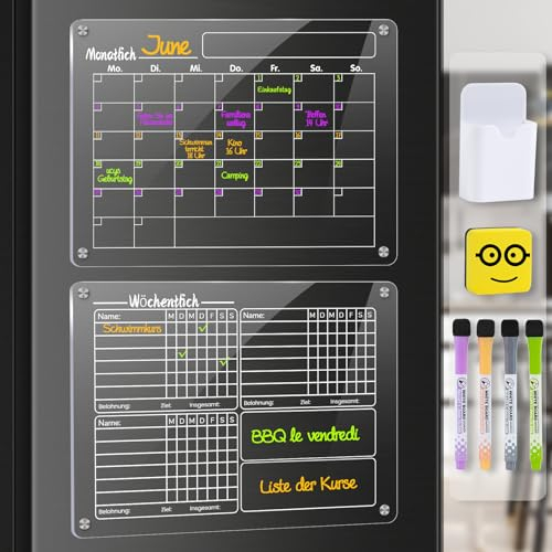 2 Stück Acrylic Magnettafel Kühlschrank - 1 Wochenplaner Abwischbar und 1 Monatsplaner Abwischbar, mit 4 Whiteboard Marker und 1 Magnetic Stifthalter - Acryl Kalender 40x30cm (Deutsch)