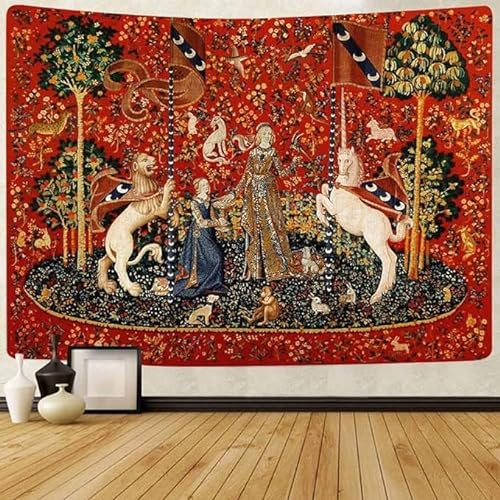 STCREE Mittelalterlicher Wandteppich - Europäische Königliche Tapisserie, Dame und Einhorn für Schlafzimmer, Wohnzimmer, Wohnheim - Dekoration, Wandbehang, 203 x 152