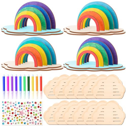12 Stück Regenbogen Holz Bausatz & Bastelset Kinder, Regenbogen Holz zum Bemalen und Basteln, Rainbow Malset Partyspiele Mitgebsel Kindergeburtstag Holzbastelset Spielzeug Handwerk für Mädchen Jungen