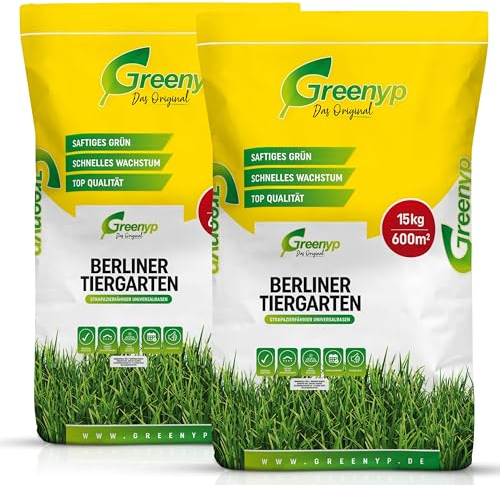 25kg Rasensamen Berliner Tiergarten I Rasensamen schnellkeimend für 1000m² I robuster Universalrasen Zierrasen Rasen Nachsaat I Greenyp Grassamen Rasensaat Gras - ideal als Neu- und Nachsaat.