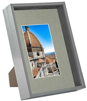 Nicola Spring 1x Grey A4 (8 x 12) 3D Deep Box Frame with Grey A5 Mount - Glass Shadow Photo Picture Flower Craft Memory Art Wall Display