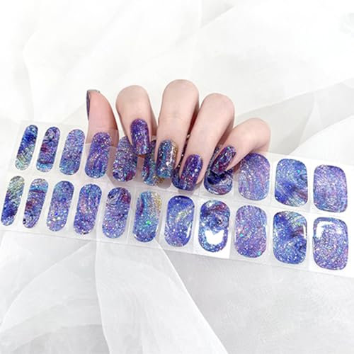 22 Pcs Glitter Full-Cured Gel Nail Strips, Blue Purple Soft Self-Adhesive Gel Nail Stickers, Nail Sticker Decals for Women and Girls, Full-Wraps Nail Stickers Nail Art No Need UV/LED Lamp