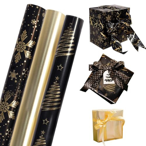 43cm×3m Christmas Wrapping Paper Rolls,3 Roll Package Xmas Wrapping Gift Wrap Xmas Party with Snow Christmas Tree Black Gold Kraft Paper Roll Wrap Decor
