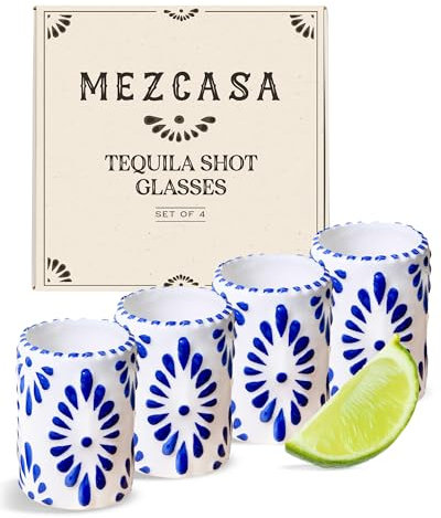 MEZCASA Talavera Shot Glasses — 100% Handmade Ceramic Tequila Shot Glasses with Talavera Mexican Pottery Design — Perfect Tequila Gifts for Women & Men for Any Occasion (BLUE | SET OF 4)