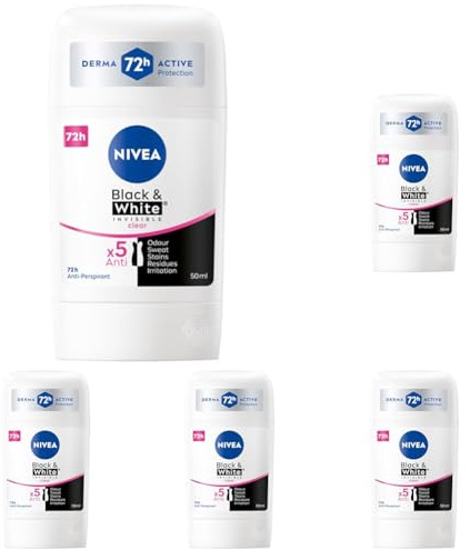 NIVEA Black&White 48 H Invisible Clear Antitranspirant Stift für Damen 50ml (Packung mit 5)