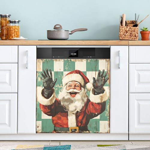 Sevdomey Cubierta magnética para lavavajillas, diseño Retro de Papá Noel de 58 x 66 cm, Cubierta magnética Decorativa para lavavajillas para la Cocina del hogar