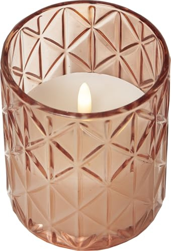 Star Trading Kerze Flamme Romb, Glasbehälter rosa, weißes Wachs, LED, Timer, Warmweiß, 12,5 cm