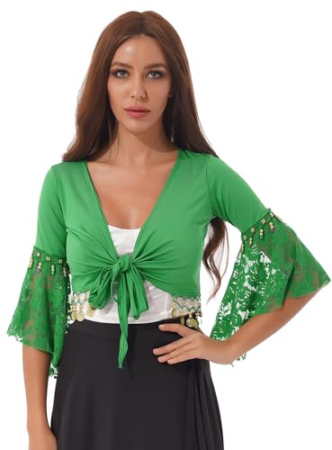 Hansber Costume da Danza del Ventre per Donne Top Manica A Tromba Blusa Corta Maglietta da Ballo con Pizzo Frange Nappe Verde L