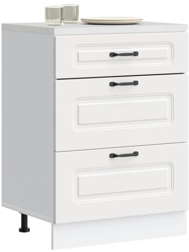 HOMTAKIE Armoire de Cuisine Kalmar Blanc Bois d'ingénierie 1x Meuble Bas (3 tiroirs) 60 cm