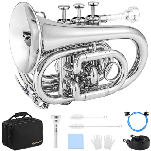 Eavnbaek B Flat Brass Bb Pocket Trompete mit 7C Mundstück, Reinigungsset, Tragetasche und Handschuhe für Schüler Anfänger (Nickel)