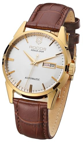 ROCOSJEWE R0101 Herren Automatische Mechanische Uhr Golden Luxus Uhr für Männer Klassische Retro Armbanduhr Tag Datum Braun Lederband Kleid Uhren Wasserdicht Geschenk für Männer Mode Business