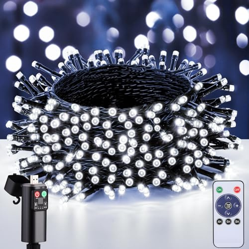 FGRYB Luci Albero Di Natale Batteria Ricaricabile - 15M 150 LED Luci Esterno Bianco Freddo Natalizie Con Telecomando, Catena Luminosa Esterno Natalizia Per Balkon Garten Party Festa Matrimonio