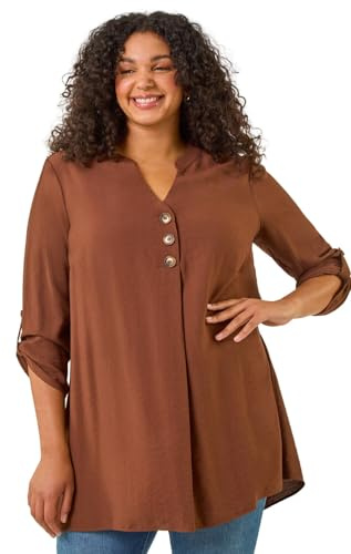 Roman Curve Button Detail Tunic Top for Women UK - Ladies Spring Everyday Summer Holiday Notch Neckline Comfy 3/4 Sleeve Soft Relaxed Fit Shirt Vacation Blouses