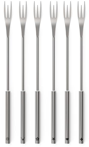 Kisag 2IN1 INOX Fondue Gabeln Set 6 Personen, 6 Edelstahl-Gabeln (26,5 cm) für Käsefondue & Fleischfondue, spülmaschinengeeignet, mit Griff-Piktogrammen zur Unterscheidung, langlebig, hygienisch
