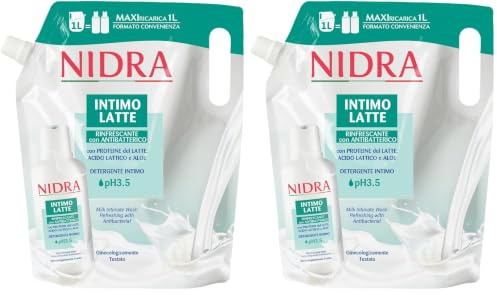 NIDRA | Eco-Ricarica Detergente Intimo, Rinfrescante con Antibatterico, Proteine del Latte, Formato Convenienza, Ginecologicamente Testato, Made in Italy, 1000 ml (Confezione da 2)