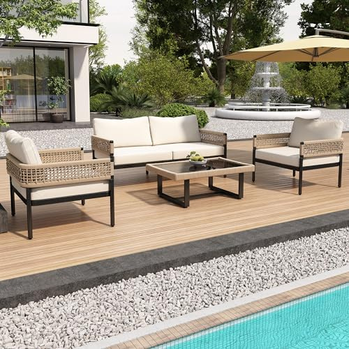 TOBIDOEN Garten-Lounge-Set für 4 Personen, Gartenmöbel Set aus Seil, Eisengestell mit Verstellbaren Beinen, Glatte Glastischplatte, Inklusive Kissen, Ergonomisches Design, Beige Seil