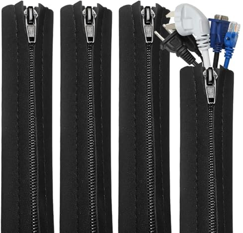 4 PCS Zipper Cable Organizer Sleeves, Black Polyester for TV and Computer Cords, Reliable, Easy to Use, Great for Tidy Home and Office
