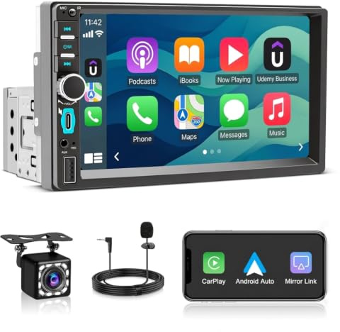 Autoradio 1 DIN con Pantalla Táctil 7, CarPlay y Android Auto Inalámbrico | Radio Coche Bluetooth Manos Libres, Navegación GPS, Cámara de Visión Trasera, Mirror Link, FM, USB, Tipo C, Mandos al Volante