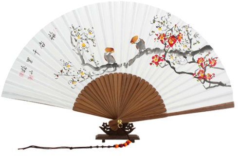 Antique Alive Hand Painted Folding Red and White Korean Plum Flower Mulberry Rice White Paper Bamboo Art Handheld Decorative Fan