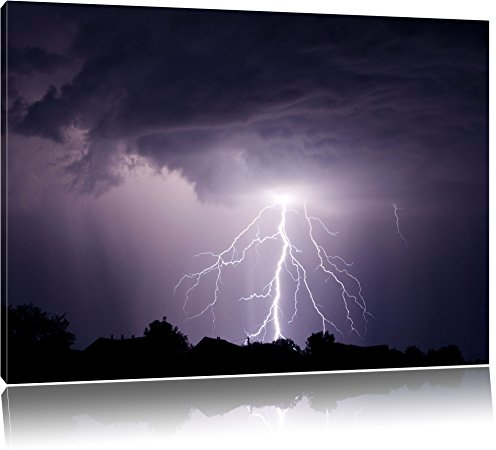 Dark Einschlagender Blitz schwarz weiß, Bild auf Leinwand, XXL riesige Bilder fertig gerahmt mit Keilrahmen, Kunstdruck auf Wandbild mit Rahmen, günstiger als Gemälde oder Ölbild, kein Poster oder Plakat, Format:100x70 cm