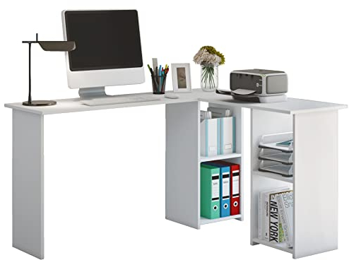 VCM Computertisch | Eckschreibtisch | Maße H. 73 x B. 136 x T. 112 cm | Schreibtisch mit PC-Fach – Lusias Weiß
