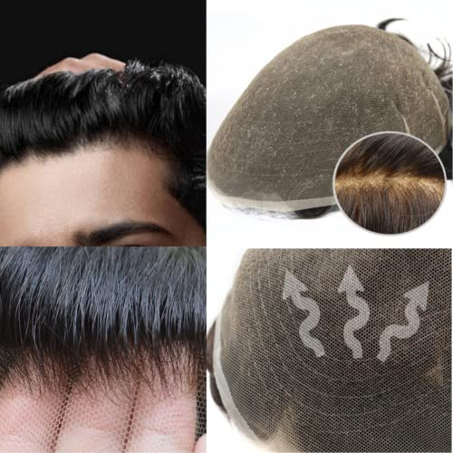 Hairnotion Toupet für Männer Schweizer Spitze Menschliches Haar Natürlich Perücken Echthaar Männer Tiefschwarz 1#