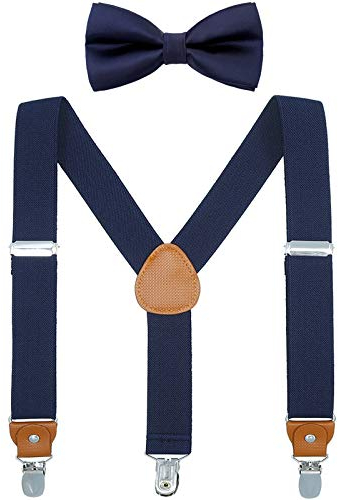 WELROG Kinder Hosenträger Fliege Sets - Y-Form Einstellbar Hosenträger mit Die Seide Fliegen Poison Idea für Jungen und Mädchen (Marineblau + Marineblaue Fliege)
