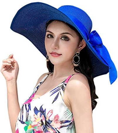 Elonglin Chapeau de Soleil en Paille à Bord Large pour Femme Capeline Pliable Décoration de Ruban pour Extérieur Plage Eté Anti-UV Respirant Bleu
