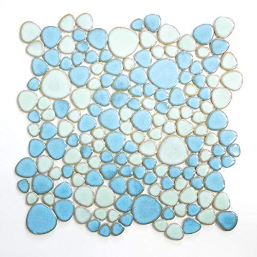 Mosaik Fliese Keramik Kiesel hellblau hellgrün glänzend für BODEN WAND BAD WC DUSCHE KÜCHE FLIESENSPIEGEL THEKENVERKLEIDUNG BADEWANNENVERKLEIDUNG Mosaikmatte Mosaikplatte | 10 Mosaikmatten