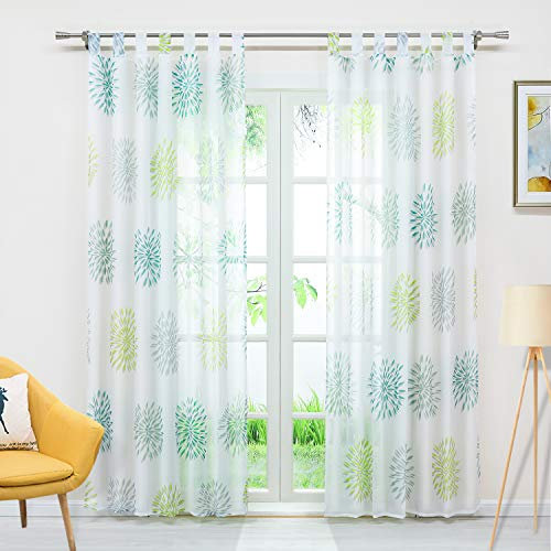 Delien Voile Gardine mit Kreis-Motiven Druck transparenter Vorhang mit Schlaufen Wohnzimmer Gardinenschals BxH 140x245cm Grün 1 Stück