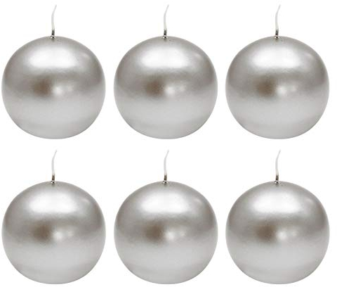 Ebersbacher Kerzenfabrik GmbH Kugelkerzen Silber lackiert, 6 Stück, Größe ca. Ø 80 mm, einzeln in Folie, runde Kerze Weihnachtskerze Adventskerze