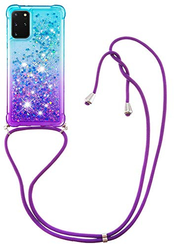 Handykette Handyhülle kompatibel mit Samsung Galaxy S20 Plus Hülle Gradient Glitzer Flüssig Hülle mit Band Kette Schutzhülle Weiche Flexible Transparent TPU Stoßfest Case Cover(Blaues Purpur)