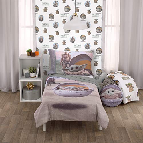 Disney Star Wars The Mandalorian The Child Grün, Hellbraun, Weiß, 4-teiliges Kleinkind-Bettwäsche-Set, Spannbettlaken, Bettlaken, Kissenbezug, Polyester