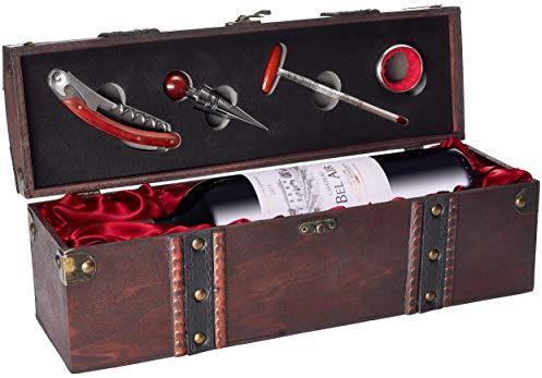 BRUBAKER Geschenkset Weinset mit 1 Flasche Rotwein Jahrgang 2015 Château Bel Air - in Holzkiste mit Sommelierset