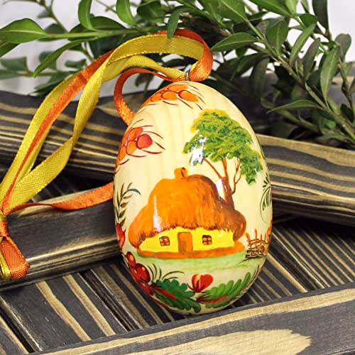 Pysanka Ukrainische handbemalte Ostereier aus Holz mit Dorfhaus- und Blumenmuster, zum Aufhängen, Nachhaltige Osterdekoration und originelles Ostergeschenk