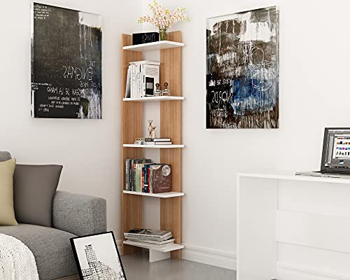 Hanah Home Modern Bookshelf with Numerous Shelves, Teak & White, 45 x 170 x 22 cm | 100% Melamine Coated Particle Board, 18 mm Thick | Wall-Mountable, Stylish Storage Solution