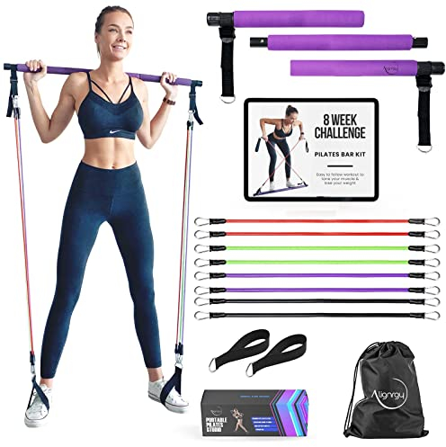 Tragbares Pilates-Bar-Set mit Widerstandsbändern (20, 40, 50 lbs) – Premium Qualität 3 Abschnitte Pilates Bar mit Widerstandsbändern für Übung – Heimausrüstung Pilates Bar Kit für Ganzkörpertraining