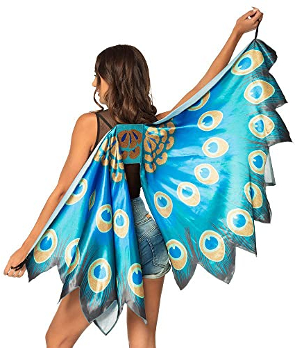 Boland 52876 - Pfau-Flügel, Größe 155 x 115 cm, Blau-Türkis-Gold, Feder-Motiv, Kostüm, Karneval, Mottoparty