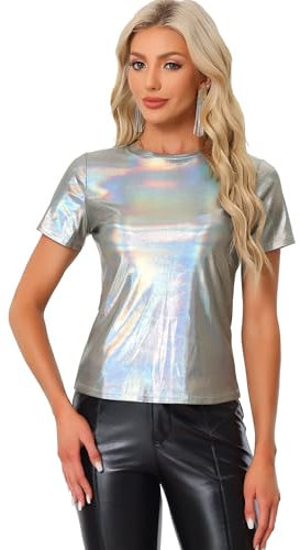 Allegra K Damen Party Metallic Strukturiertes Kurzarm Glänzendes Multicolor TopGlänzendes Silber Small