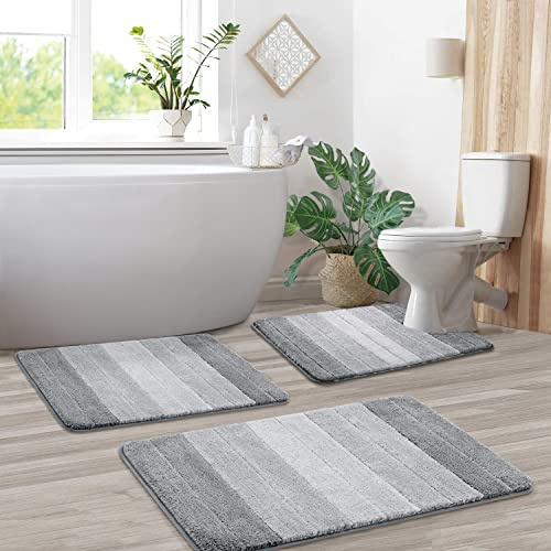 KMSON 3-teiliges Ombré-Badteppich-Set mit U-förmiger Kontur, WC-Vorleger, rutschfest, ultraweich und wasserabsorbierend, maschinenwaschbar, schnell trocknend, für Schlafzimmer, Wohnzimmer, Grau