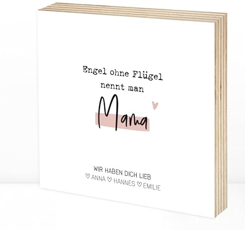 Wunderpixel® personalisiertes Geschenk Holzbild Mama Engel - 15x15x2cm zum Hinstellen/Aufhängen, echtes Foto mit Spruch auf Holz - schwarz-weißes Wand-Bild Aufsteller Dekoration Geschenk-Idee