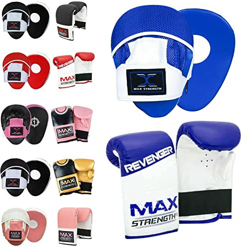 MAXSTRENGTH - Set di guanti da boxe curvi con gancio e pattini per allenamento in palestra MMA (L/XL, blu/bianco)